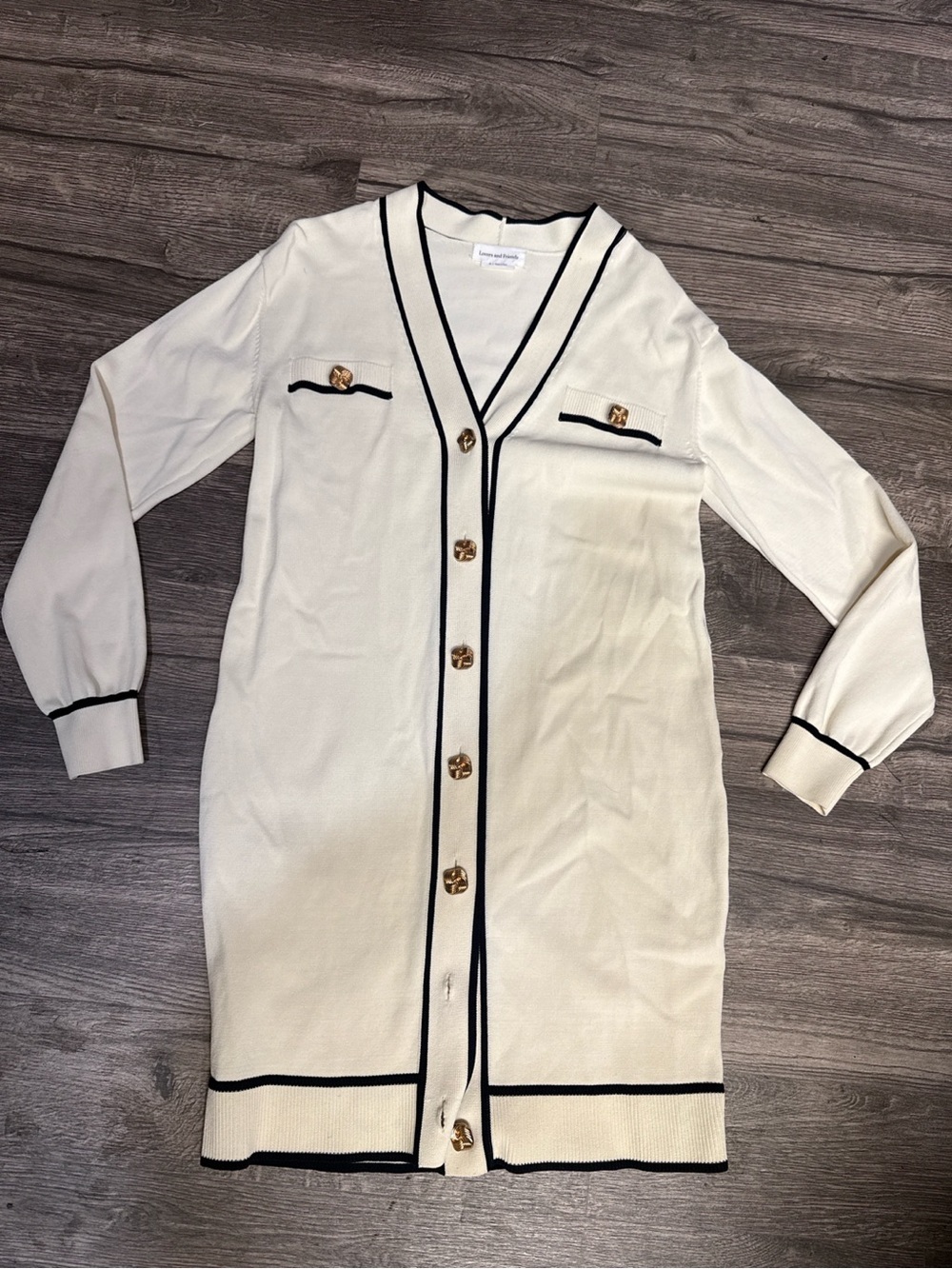 Lovers + Friends XS Cream Black Trim Gold Button Cardigan Sweater Dress - Picture 2 of 9